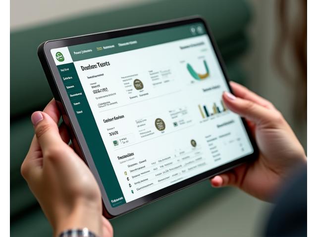 En elegant hånd som holder en tablet som viser et detaljert produksjonsdashboard for tekstiler, med grafer for sporbarhet, kvalitet og etiske standarder.